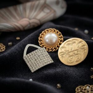 Vintage Scarf Clip Trio | Pearl, Rhinestone Purse, Gold Disc Jewelry Set